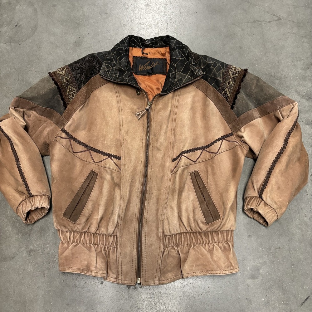 Vintage Winlit Jacket Medium Brown Leather Western Bomber Geometric 90s